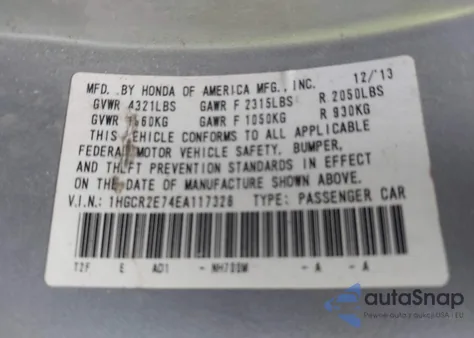 2014 Honda Accord Ex from USA, damaged, VIN 1HGCR2E74EA117328